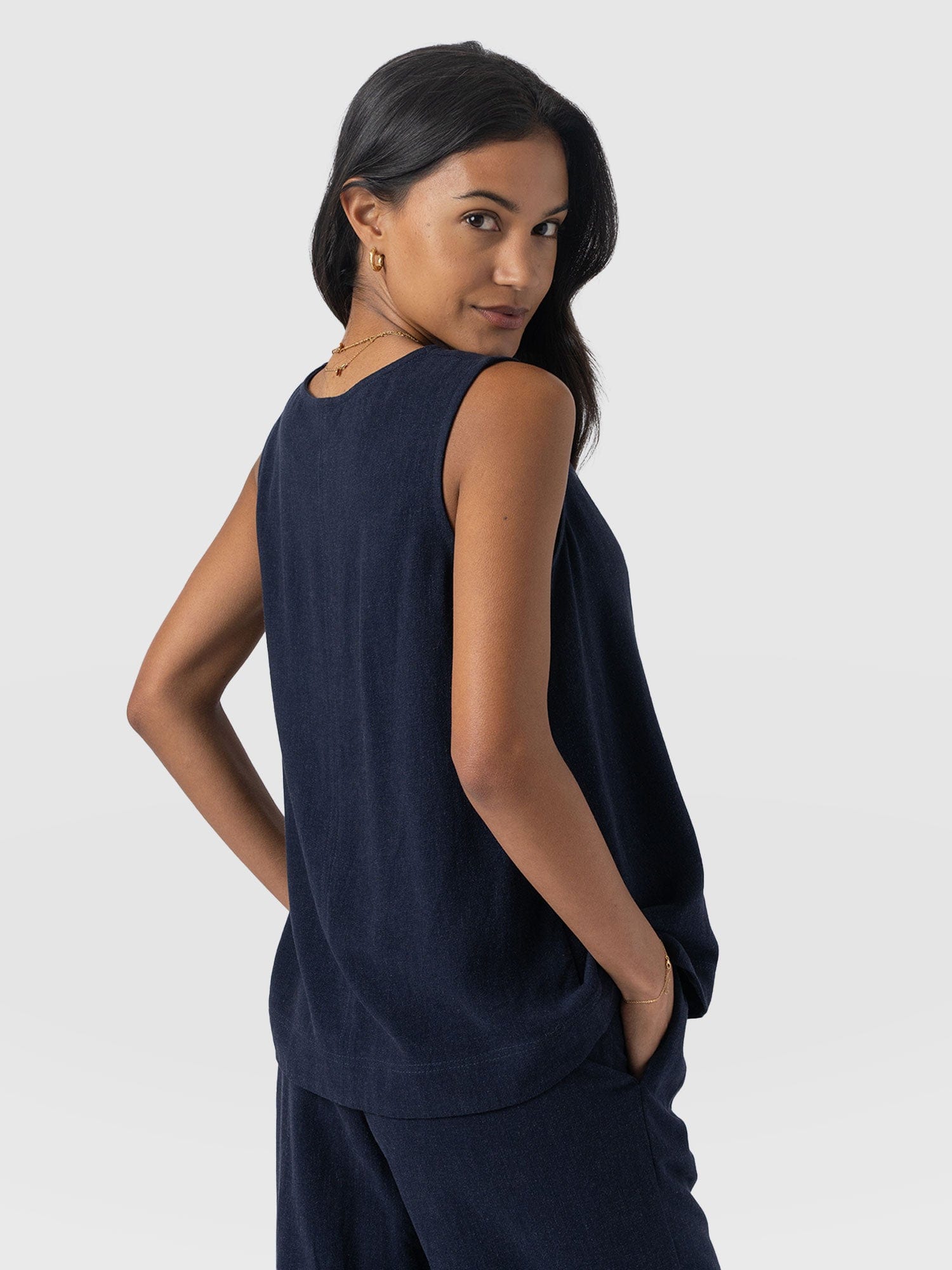 Corinne Linen V Neck Tunic - Navy - Image 6