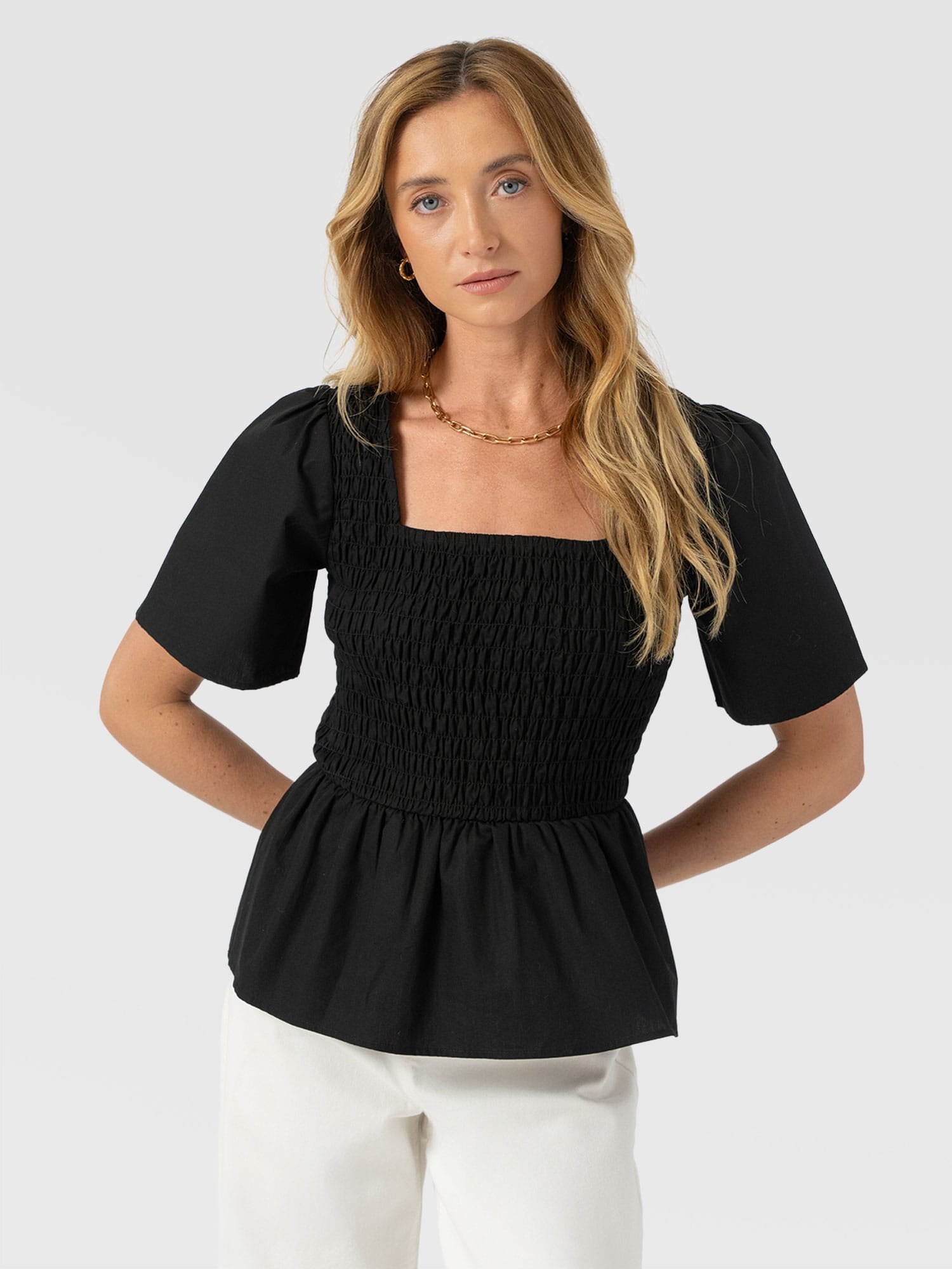 Maya Shirring Peplum Top - Black - Image 3
