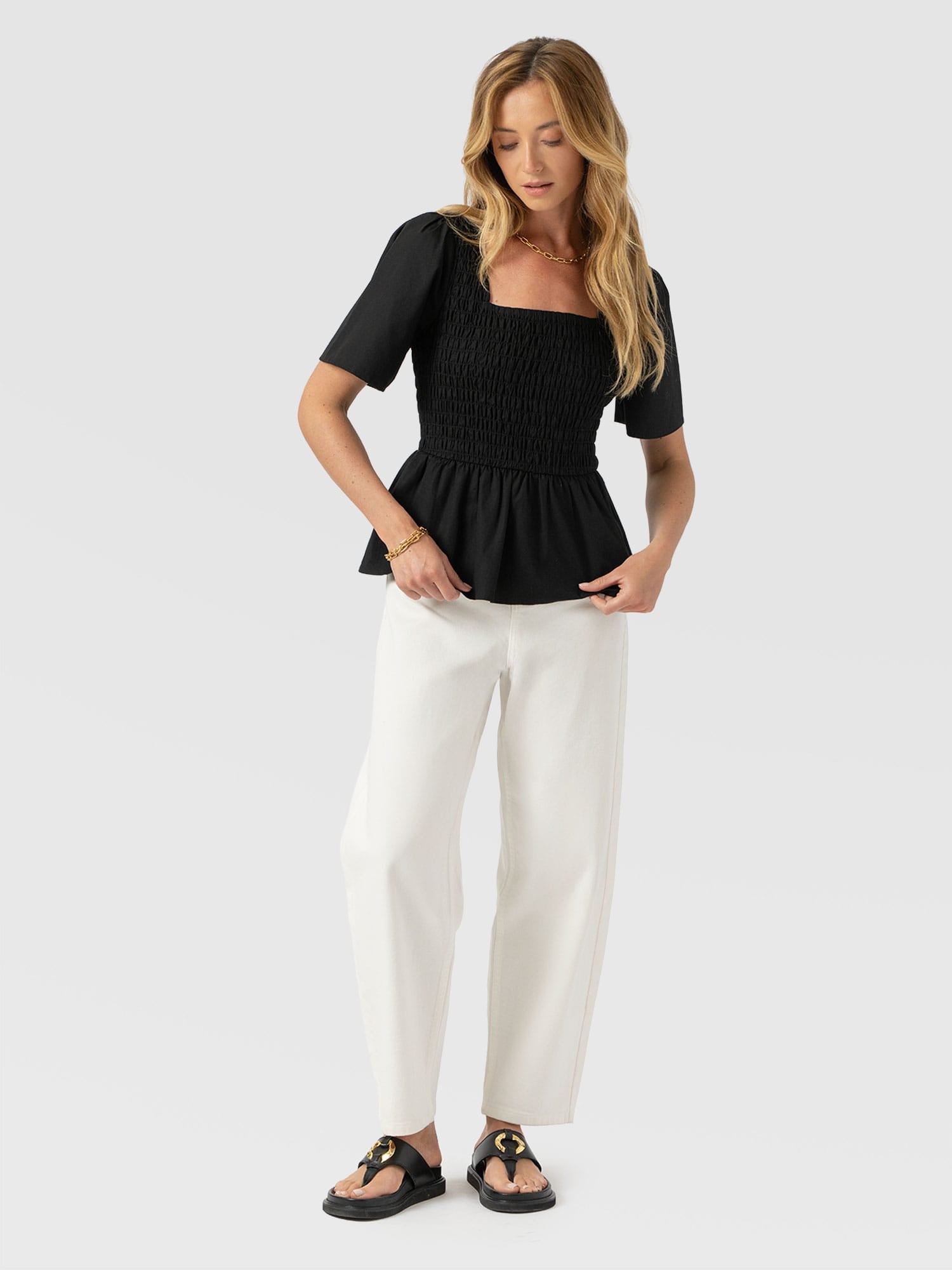 Maya Shirring Peplum Top - Black - Image 2