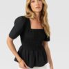 Maya Shirring Peplum Top - Black