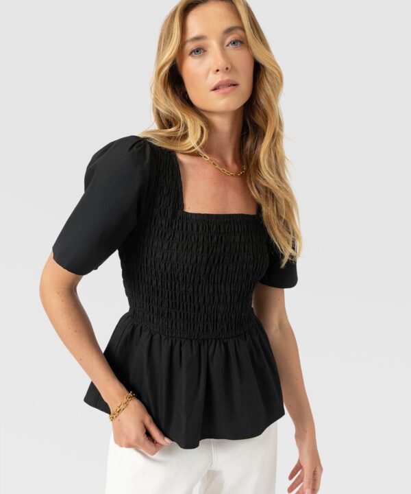 Maya Shirring Peplum Top - Black