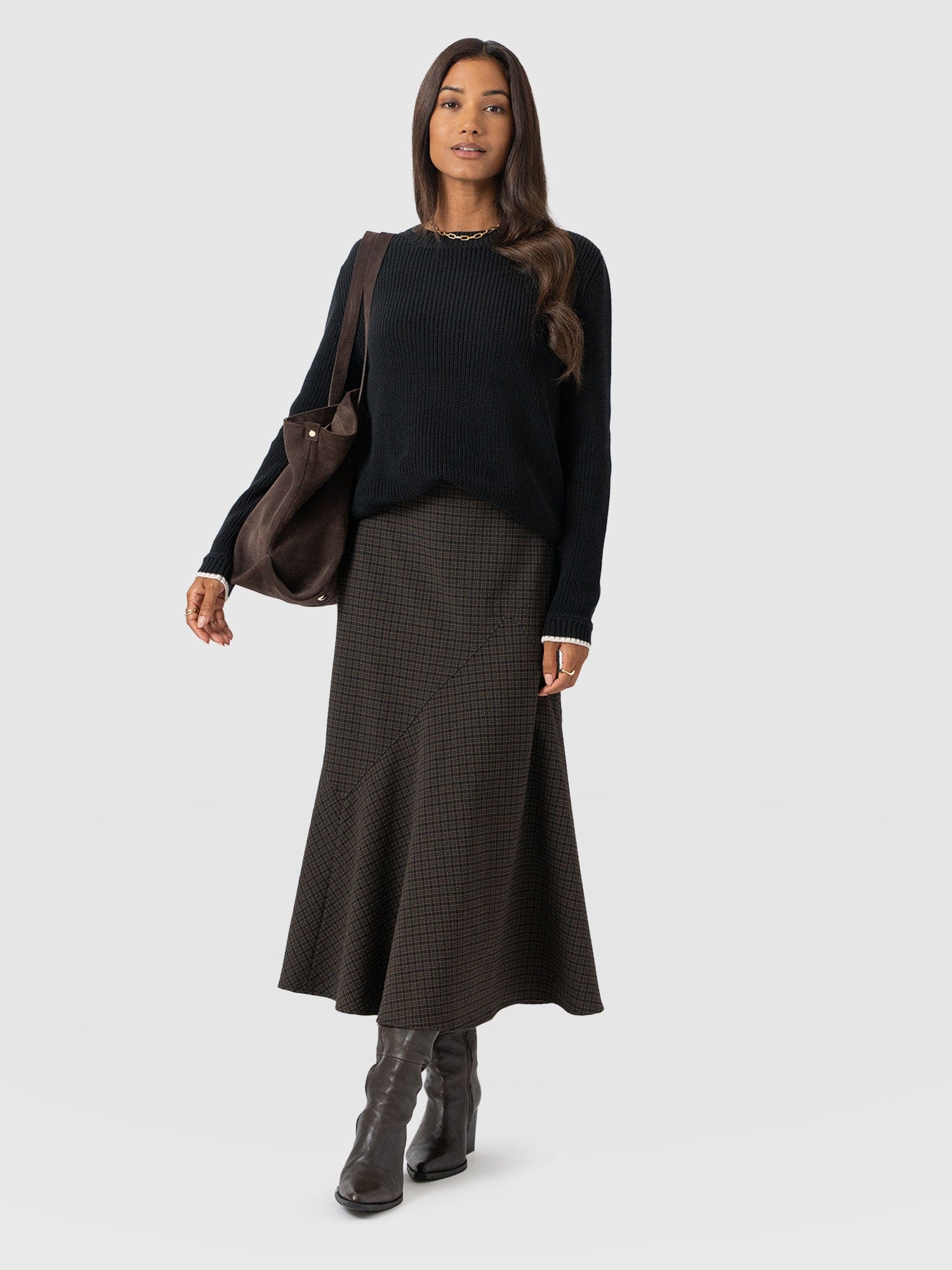 Piper Panelled Skirt - Brown Check - Image 2