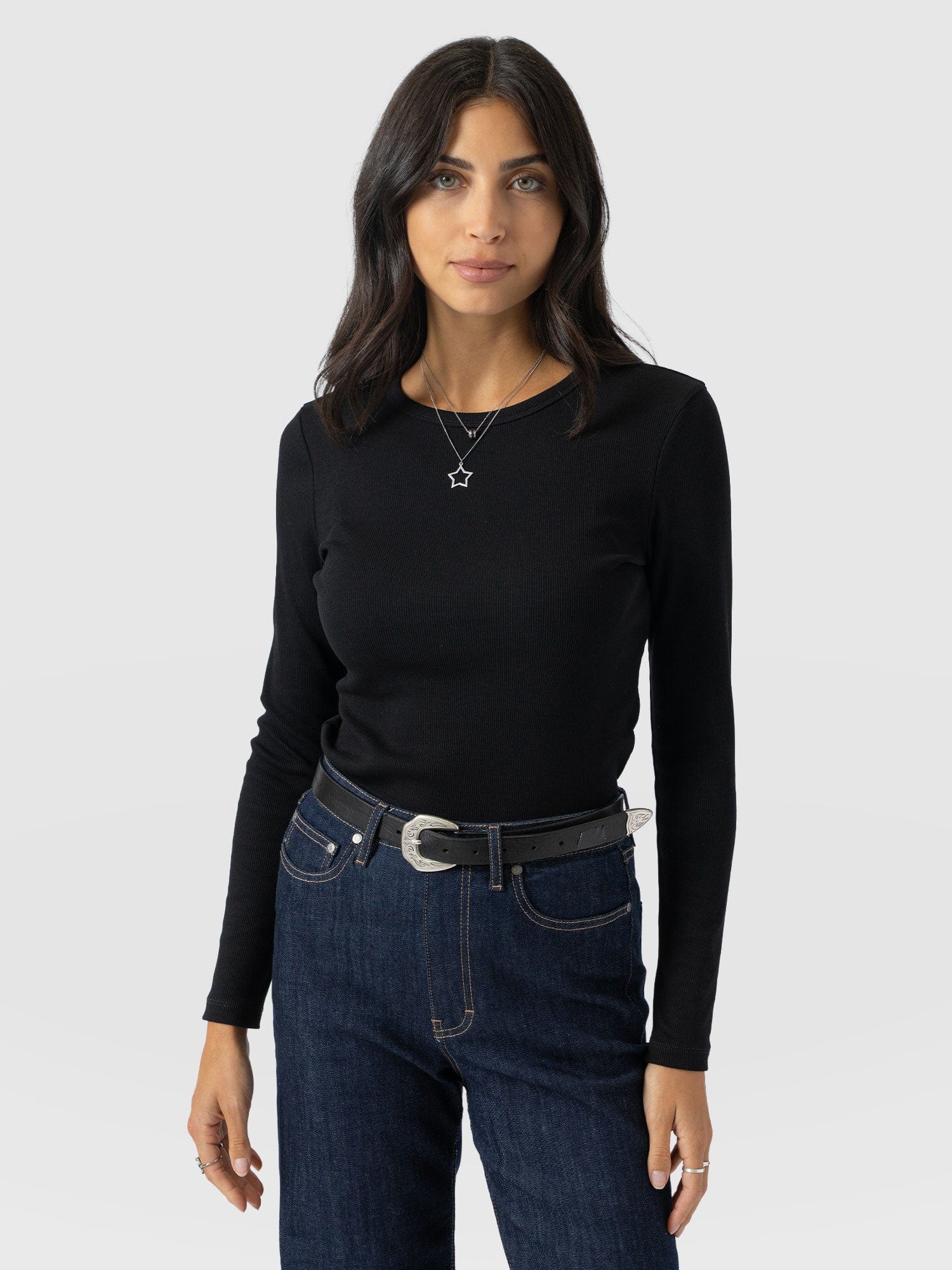 Ribbed Long Sleeve Tee - Black - Image 2