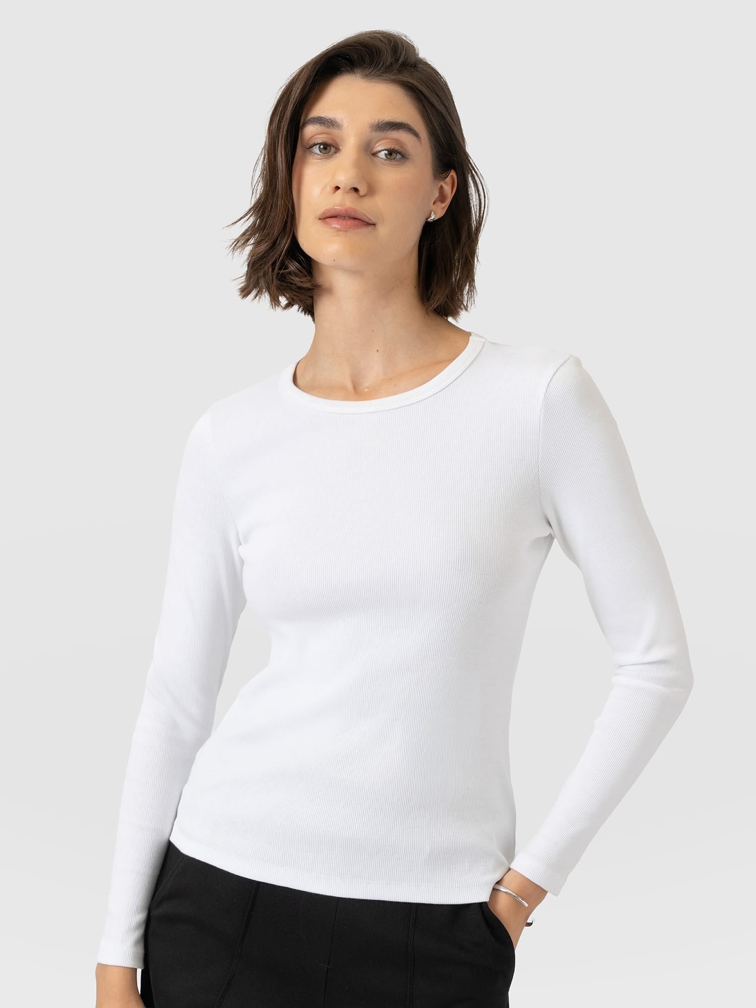 Ribbed Long Sleeve Tee - White - Image 4